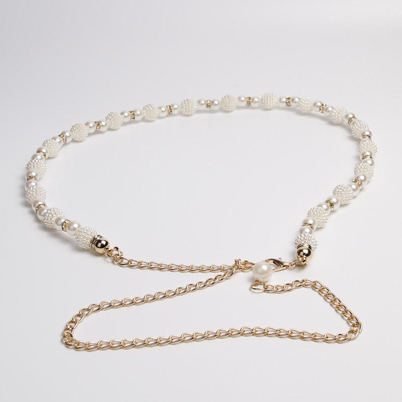 Ladies Thin Waist Chain, Dress Decorative Waist Chain, White Pearl Woven Belt, Rhinestone Waist Chain.