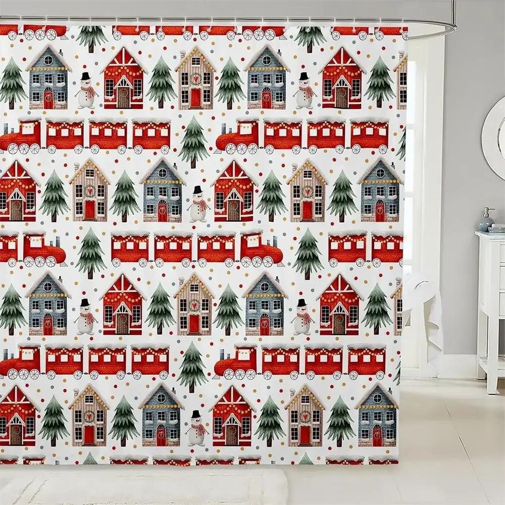 

Merry Christmas Shower Curtain Cute Snowman Candy Cartoon Kids Bathroom Curtains Xmas Trees Snowflake Pink Home Decor With Hooks W60H190(CM)-1 Pcs