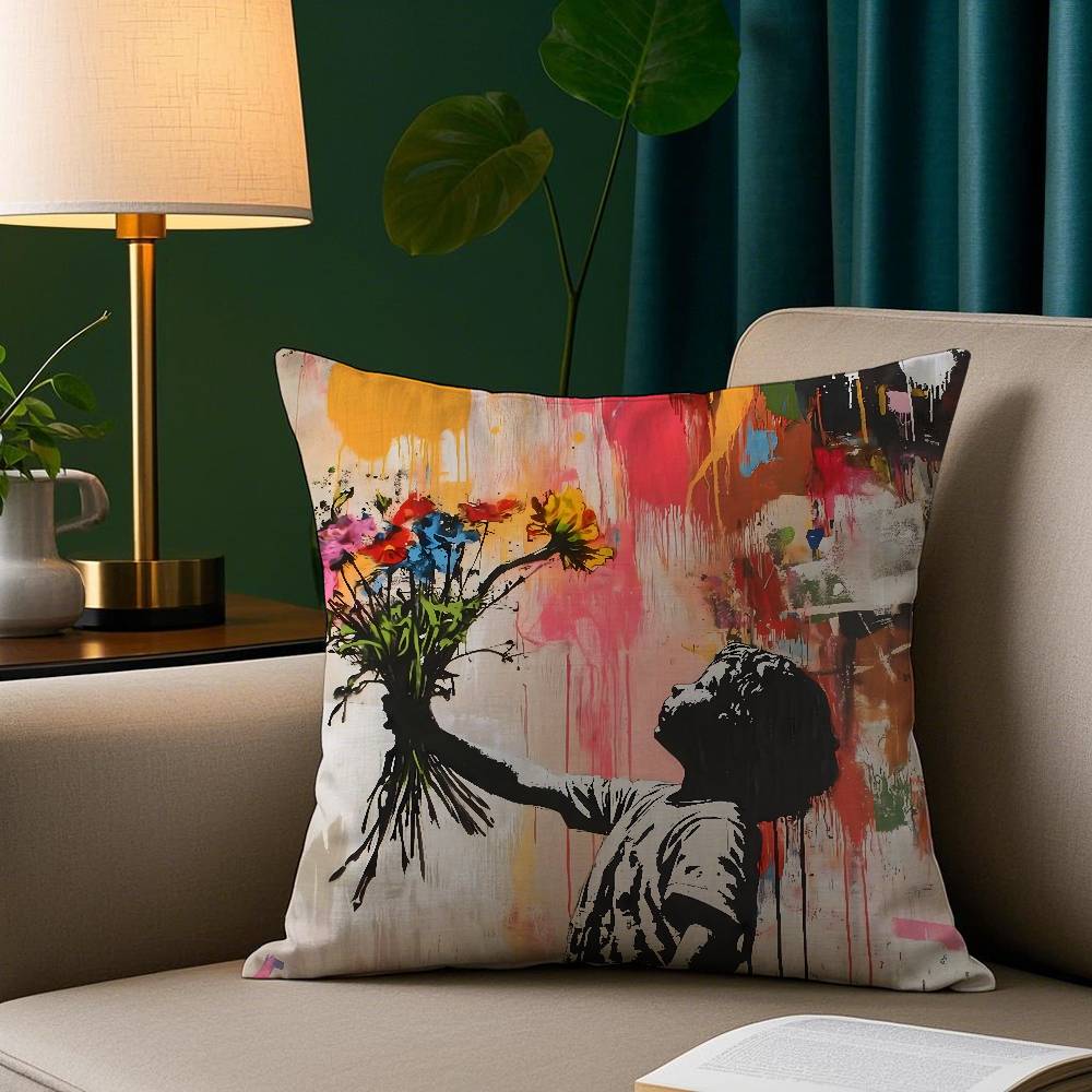 B-Banksy G-Graffiti Kunst Kissenbezug Plüschstoff Weicher Kissenbezug Beidseitiger Druck Sofakissenbezug Überwurf