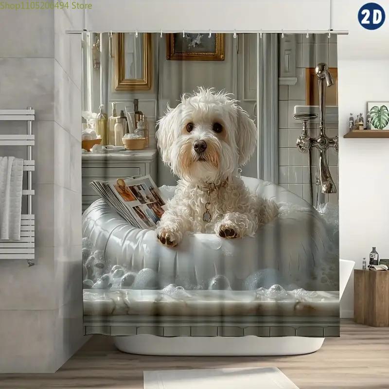 

2D Flat, One Piece of a Two-Dimensional Flat-Printed White Maltese Shower Curtain Featuring Plastic Hooks. Made from Durable P 90x180cm