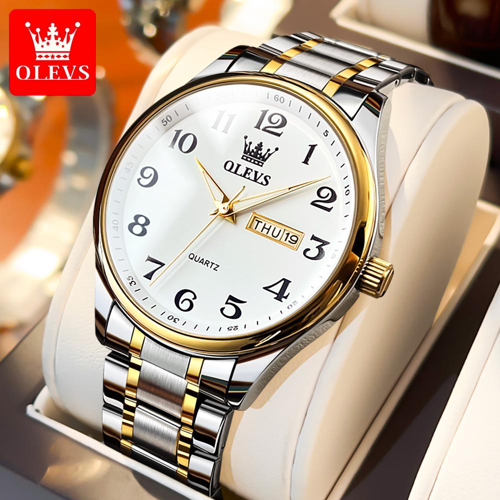 OLEVS Trendy popular mens watches Dual Calendar waterproof Arabic numeral scale luminous quartz wristwatch genuine watch for man