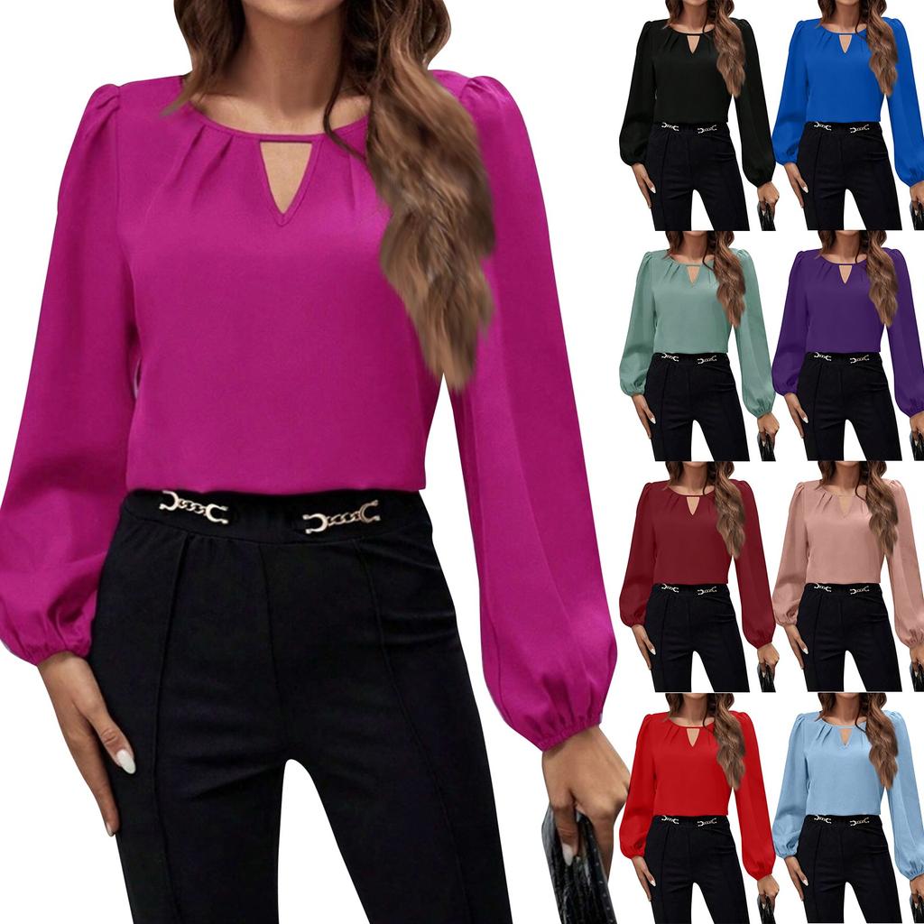 Women's Fashion Casual Solid Color Satin Shirt Casual Pleated Long Sleeve Top