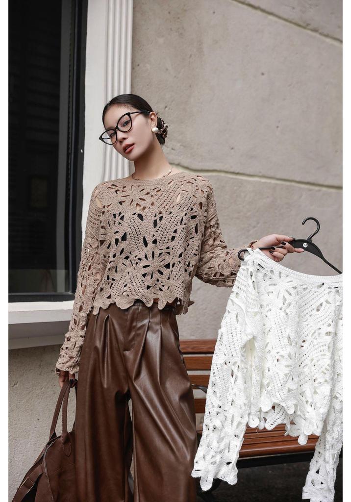 2024 Plus Size French Crochet Hollow Knit Long Sleeve Cardigan for Women - Retro Autumn Sweater Top