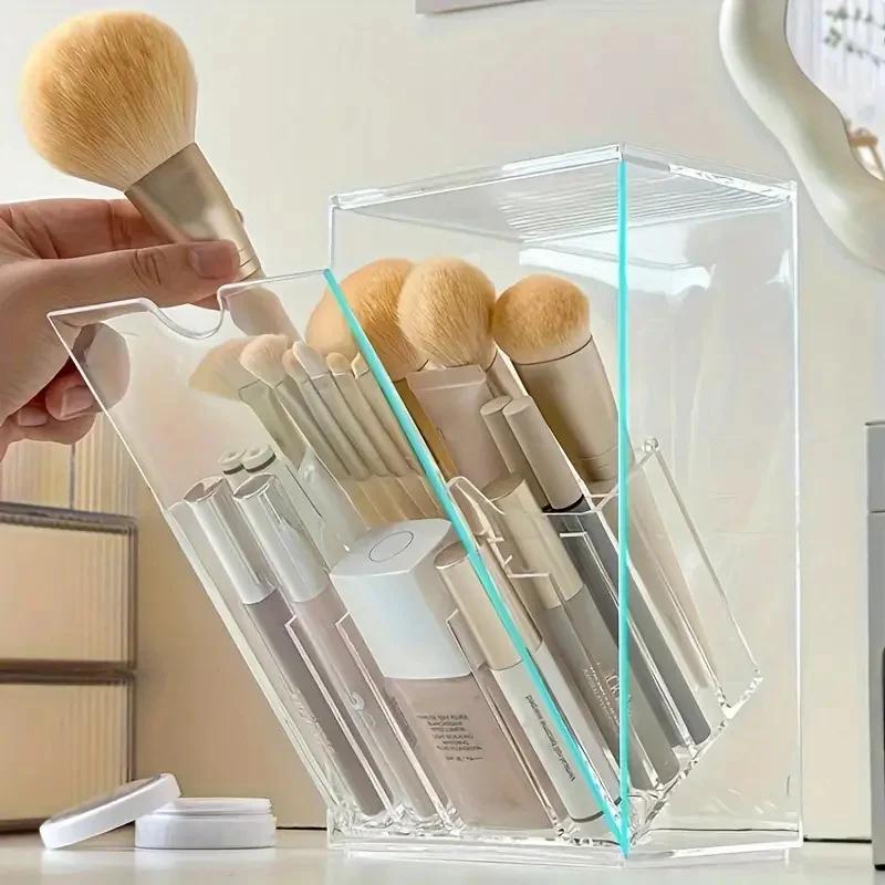 1PC Front Flap Lid Makeup Brush Holder Clear Cosmetic Brush Storage Box Makeup Brush  Slant Desk Makeup Tool Container