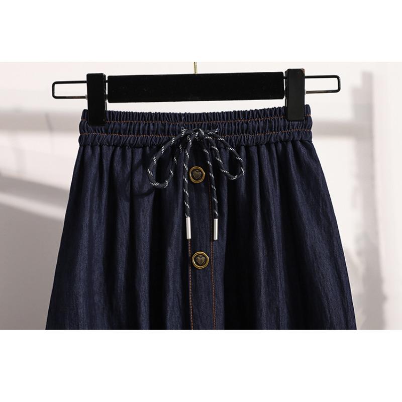 DIMANAF 2026 Plus Size Spring Summer Denim Skirts Women A-Line Clothing Pleated Fashion Jeans Skirt Button