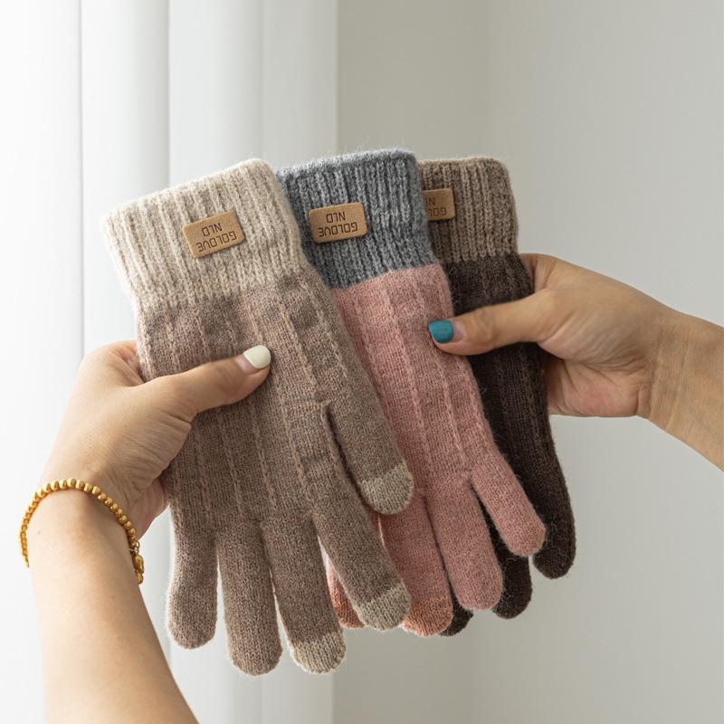 Camel Wool Knitted Gloves Women's Autumn and Winter Warm Outdoor Antifreeze Full Finger Gloves Piled and Thickened