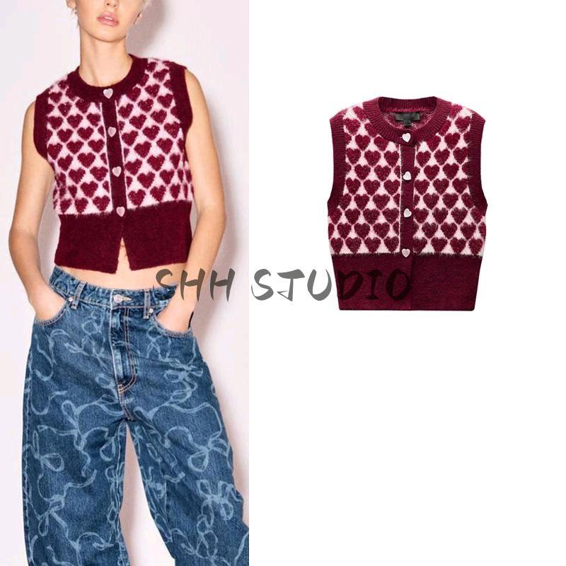Spring New Women's Clothing Sweet Heart Pattern Jacquard Sleeveless round Neck Knitting Vest 4331017