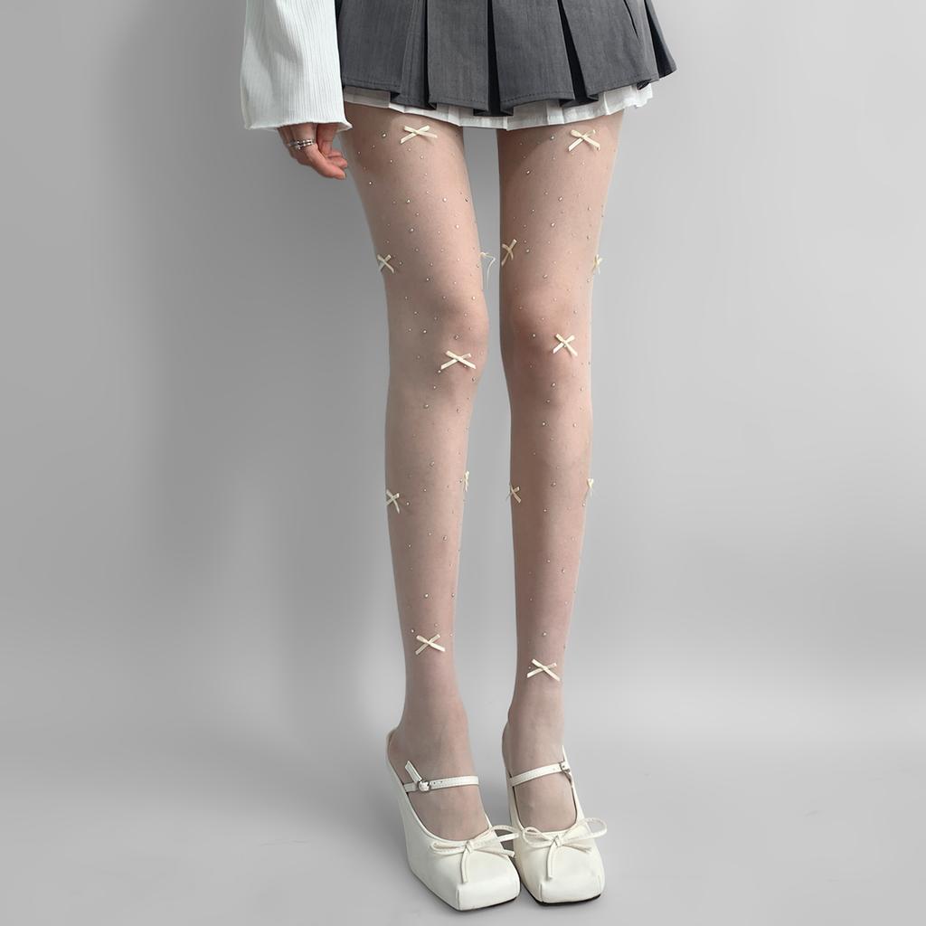 Stockings with Small Dots and Hearts Ultra-thin and Versatile White Stockings with Diamonds Ballet-style Pantyhose Children's Bow White Stockings