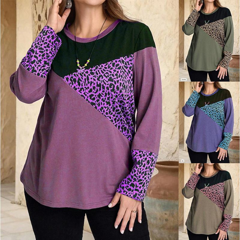2026 Spring and Autumn New Fashion Trend for Women: Leopard Print Patchwork Round Neck Casual Long Sleeve