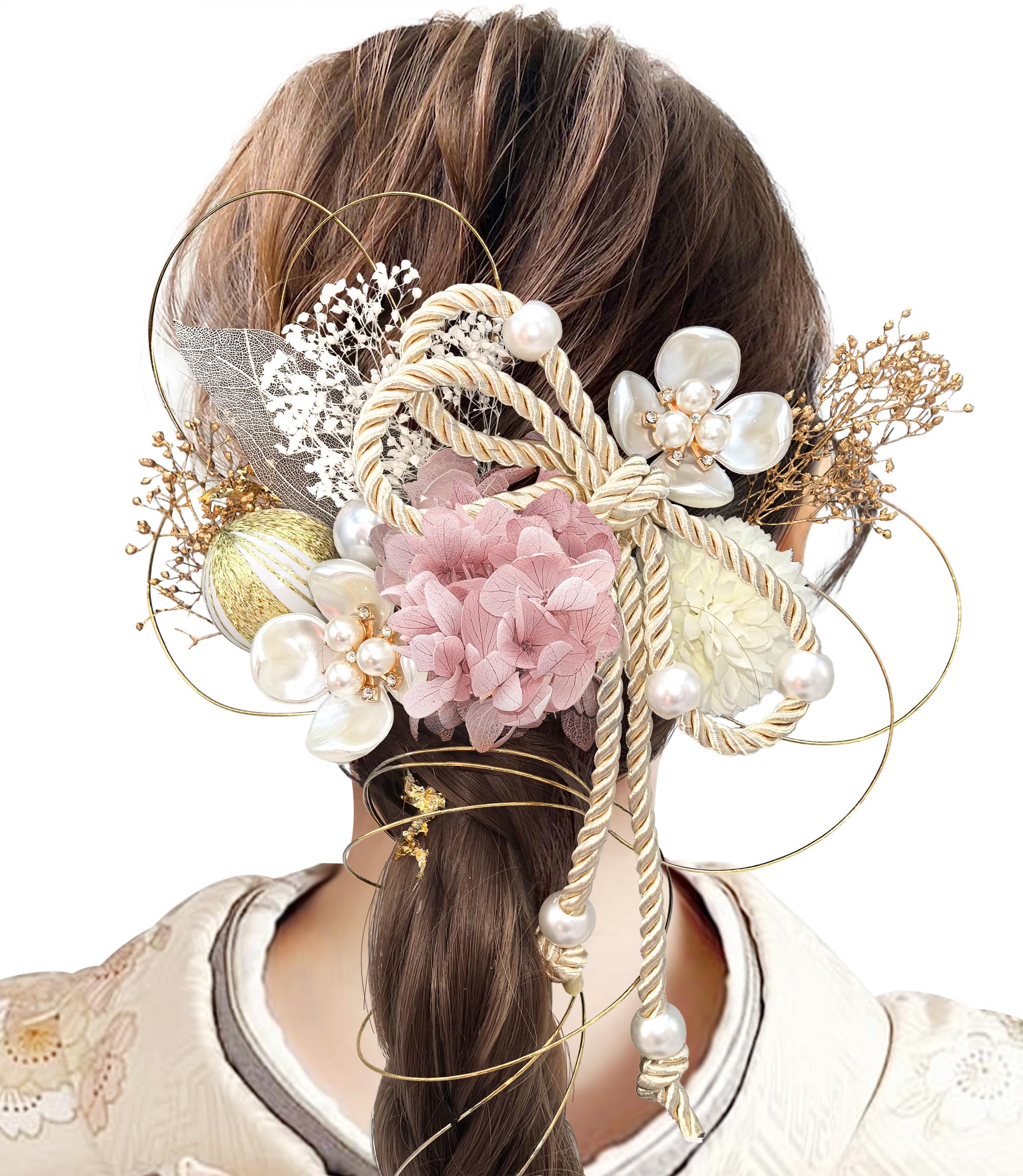 

JZOON Ceremony Hair Ornament Colors Dried Breath Flowers for and Artificial Flower Decoration with Wadama and Mizuhiki Handmade with Kumihimo and