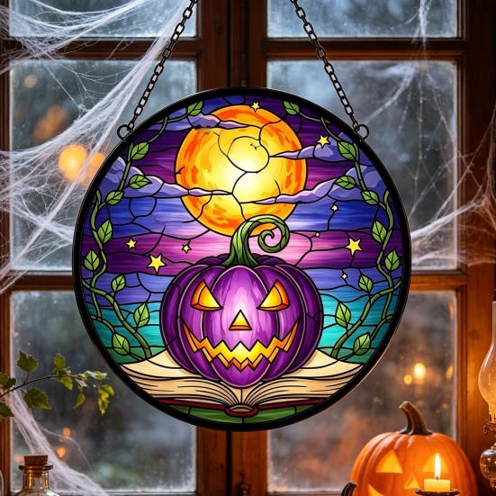 Stained Glass Style Acrylic Suncatchers Halloween Pumpkin Suncatcher, Round Window Hanging Ornament, Mysterious Holiday Theme Wall Displays Full Moon