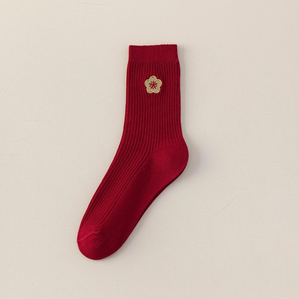 New Cartoon Embroidery Cotton Socks Red Casual Mid Tube Socks Sweat Absorption Anti-slip Socking Autumn Winter
