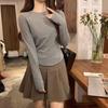 French shoulder long-sleeved top T-shirt for women in autumn and winter plus velvet small stand-up collar suit with fishbone waist bottoming shirt