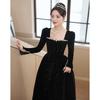 Black long-sleeved evening dress women's 1011 new velvet socialite court style sense annual art examination evening dress summer