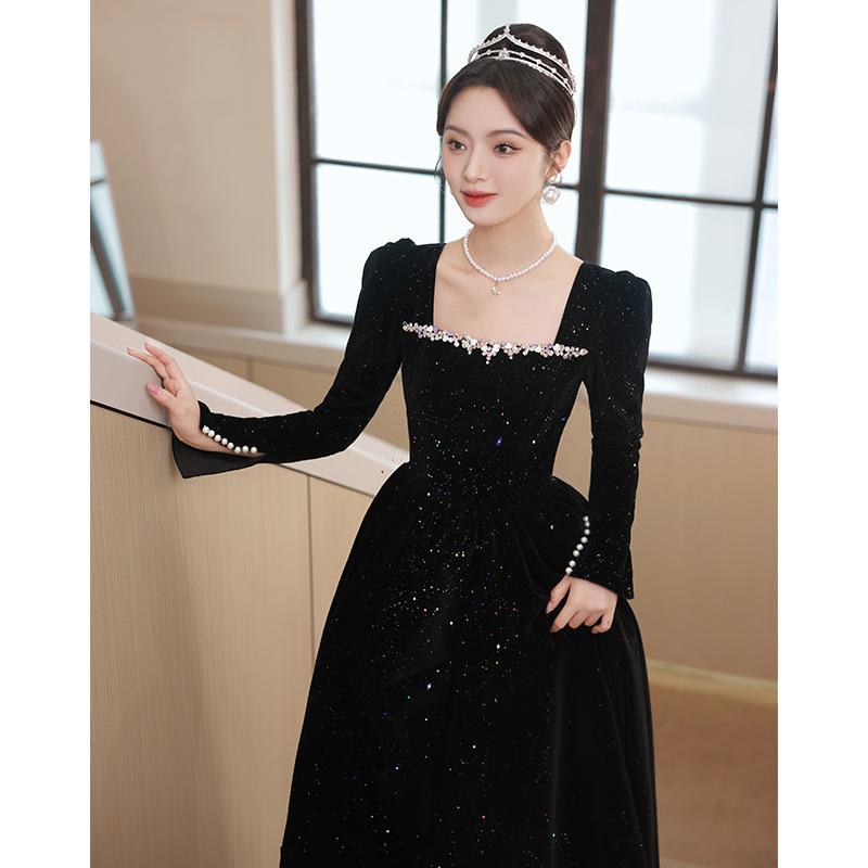 Black long-sleeved evening dress women's 1011 new velvet socialite court style sense annual art examination evening dress summer