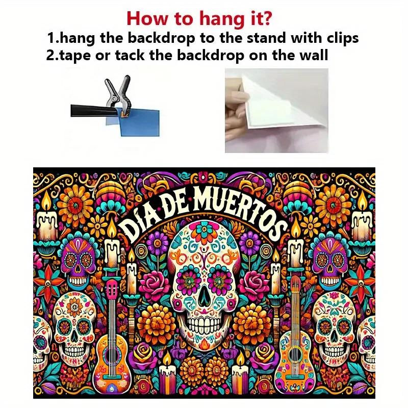 1 item Halloween party banner - a colorful polyester backdrop with traditional skull patterns