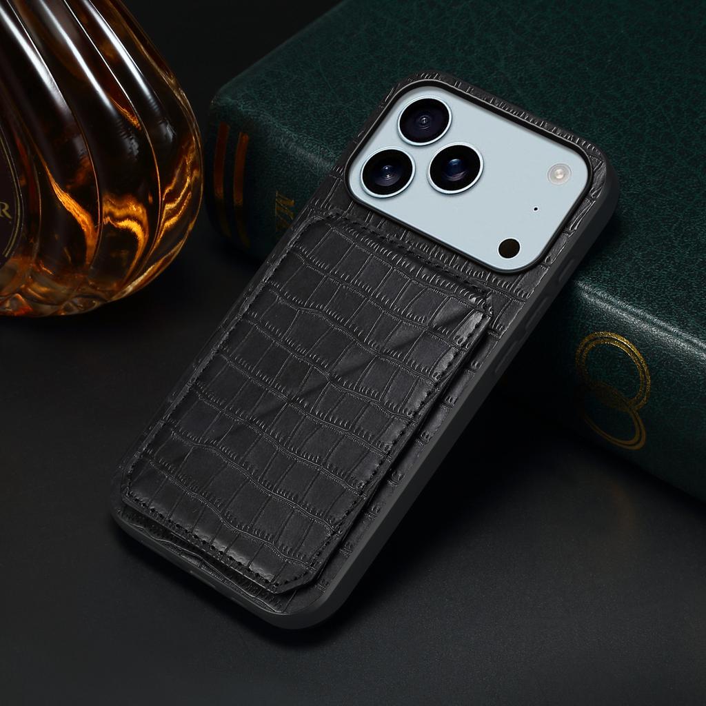 For iPhone 17 Pro Case with Card Holder Leather+PC+TPU Crocodile Textured Back Cover