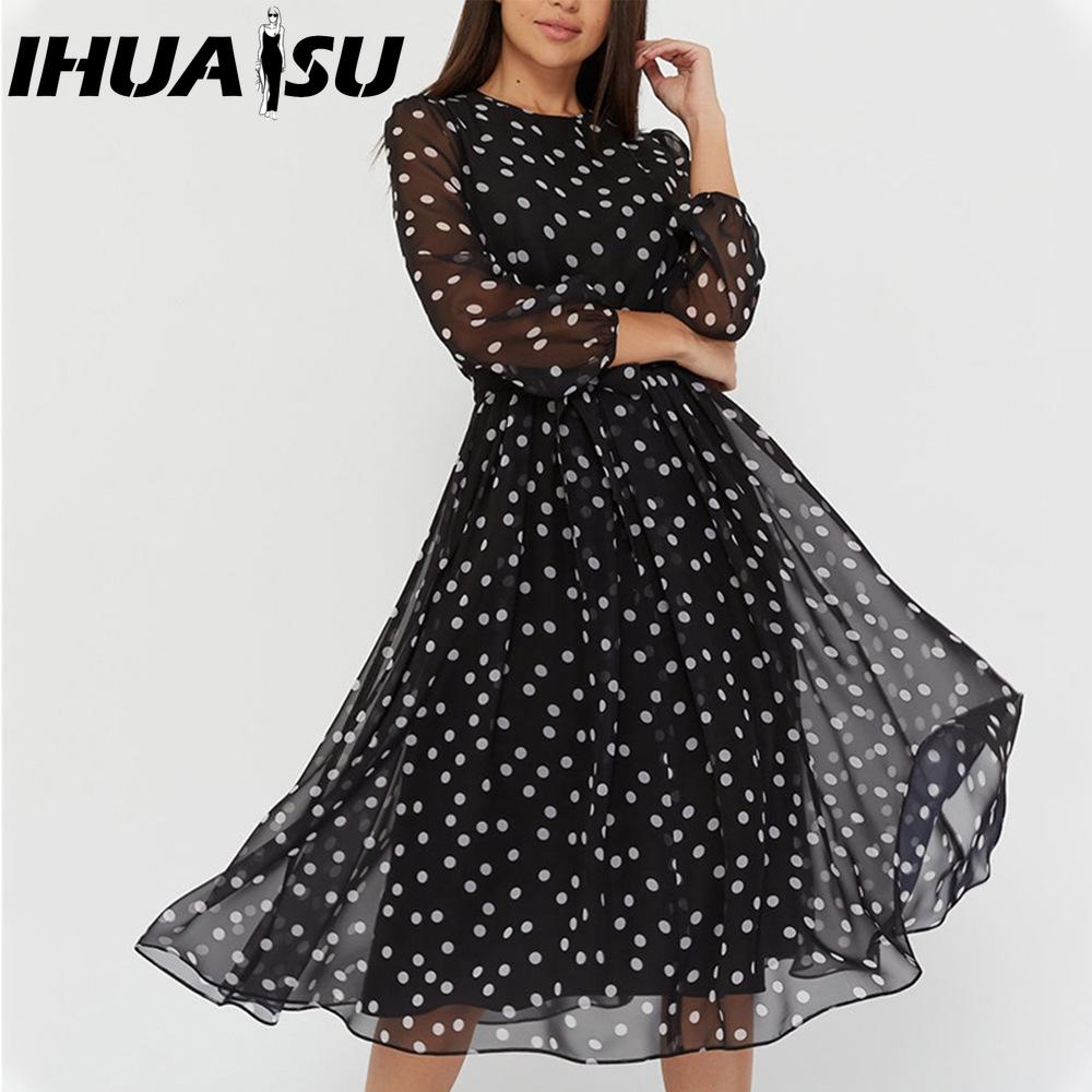 

IHUASU Women s Chiffon Dress with Polka Dot Print Long Sleeves Casual Dresses XXL серый