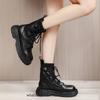 Fashion Black Leather Cross Lace Up Boots Women Fashion Round Toe Platform Flat Heel Ankle Boots Stretch Cloth INS Real Leather Shoes