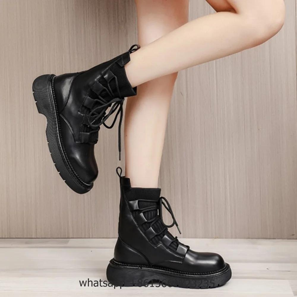 Fashion Black Leather Cross Lace Up Boots Women Fashion Round Toe Platform Flat Heel Ankle Boots Stretch Cloth INS Real Leather Shoes