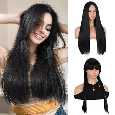 Synthetic Long Straight Black Wig Double Braided Wig Extension Heat Resistant Fiber Hair For Women Cosplay Daily Use