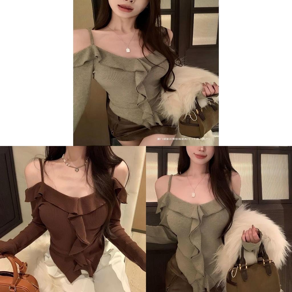 Lily Lace Off Shoulder Sweater With Ruffle Hem For Spring Casual Wear