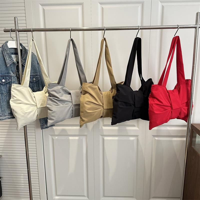 Korean Retro Solid Color Pleated Bow Shoulder Bags for Women Large Capacity Ladies Tote Bag Simple Student Handbags with Zipper