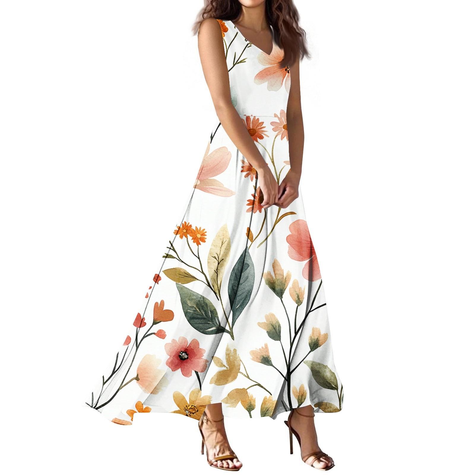 

Женское летнее повседневное модное платье с принтом, платье без рукавов с V-образным вырезом S бежевый