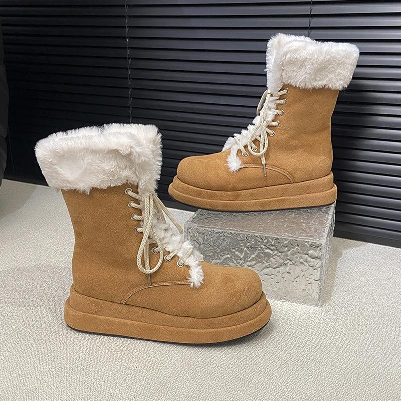 Medium Tube Thick-soled Snow Boots Women's Winter 2025 New Internet Celebrity Foreign Style Martin Strap Fluffy Boots Piled Thickened Cotton Shoes