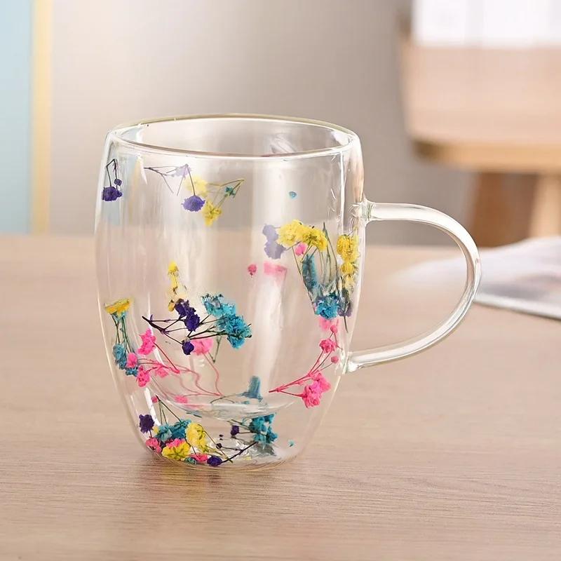 350ml Double Wall Espresso Coffee Cup Handle Flower Pattern Creative Transparent Hot Iced Beverage Beer Whisky Wine Glass Mug