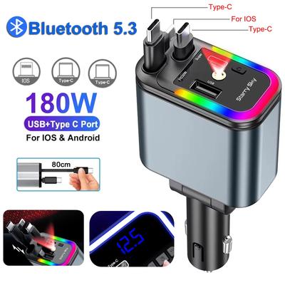 180W Auto Handy Ladebuchse mit Einziehkabel PD QC 3.0 Schnellladung Auto Handy Ladegerät & Bluetooth FM Transmitter Freisprecheinrichtung Musik Player
