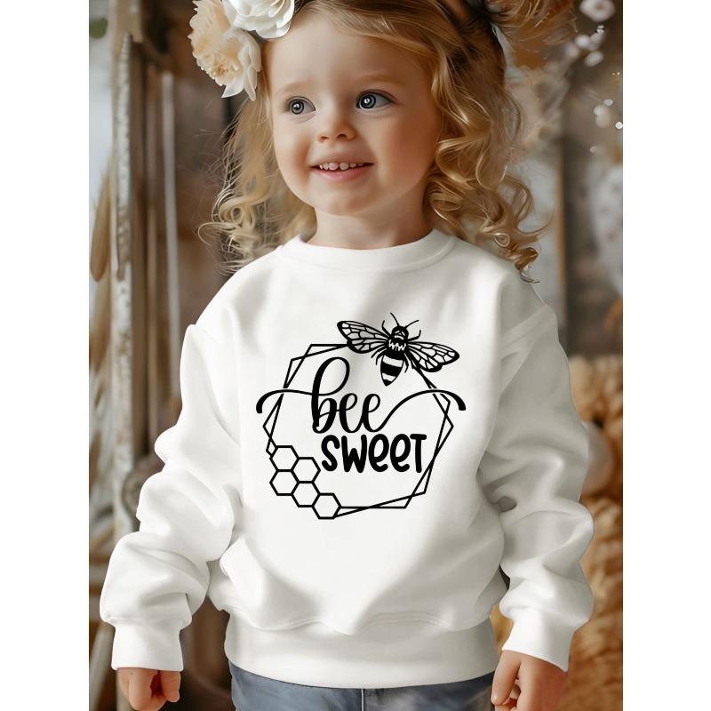 Girls Round Neck Sweatshirt, Bee Pattern And Bee Sweet Text Print, Casual Everyday Wear 110 белый