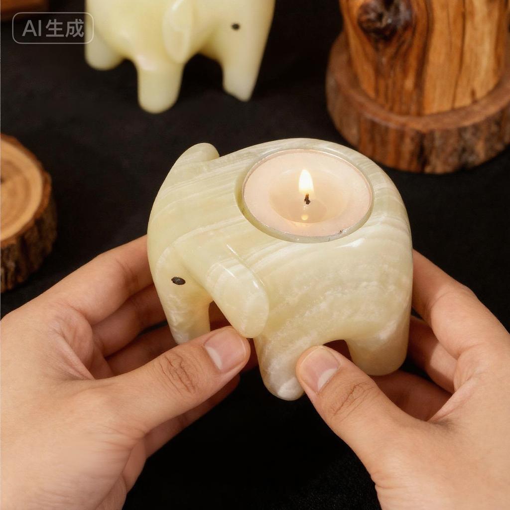 Afghan Jade Elephant Candle Holder - Golden Healer Energy Healing Crystal Engraved Souvenir De Mariage Craft
