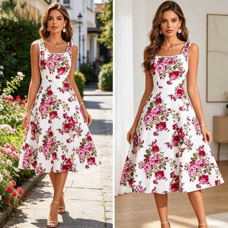Damen ärmelloses Midi-Kleid mit Blumenprint, elegantes quadratischer Ausschnitt A-Linie lässiges Sommerkleid für den Urlaub
