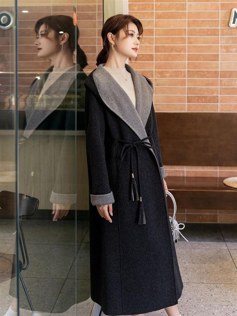 Hooded Double-Sided Long Wool Coat Bathrobe with Tie Waist - Autumn/Winter Korean Fashion Women's Outerwear