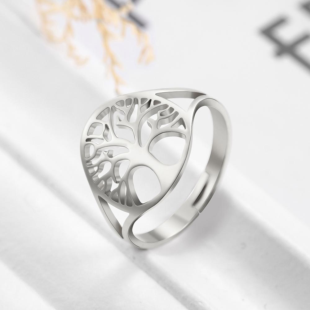 Tree of Life Adjustable Ring Stainless Steel Finger Rings Vintage Amulet Jewelry Anniversary Gifts for Women Men