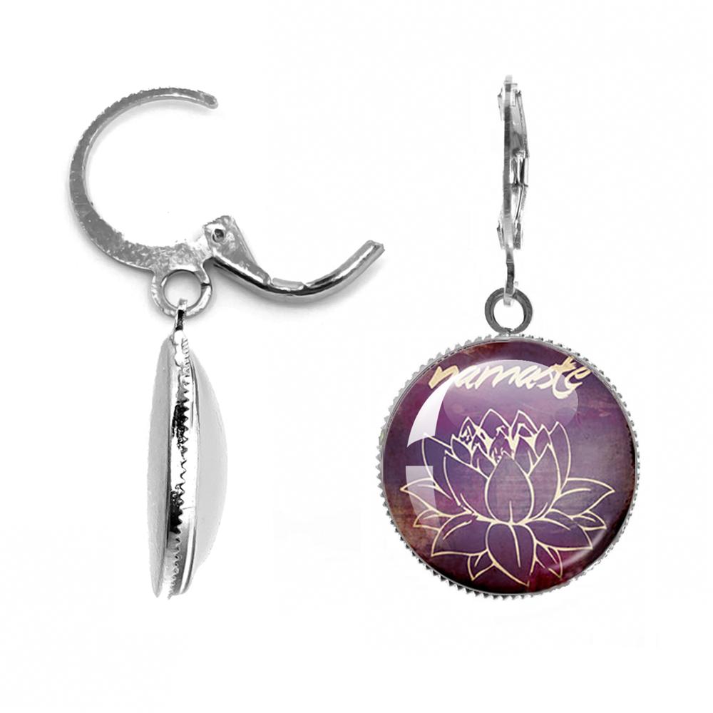 

Fashion Lotus Flower Earrings Mandala Photo Art Glass Cabochon Silver Plated Drop Earrings Sacred Geometry OM Jewelry Gift