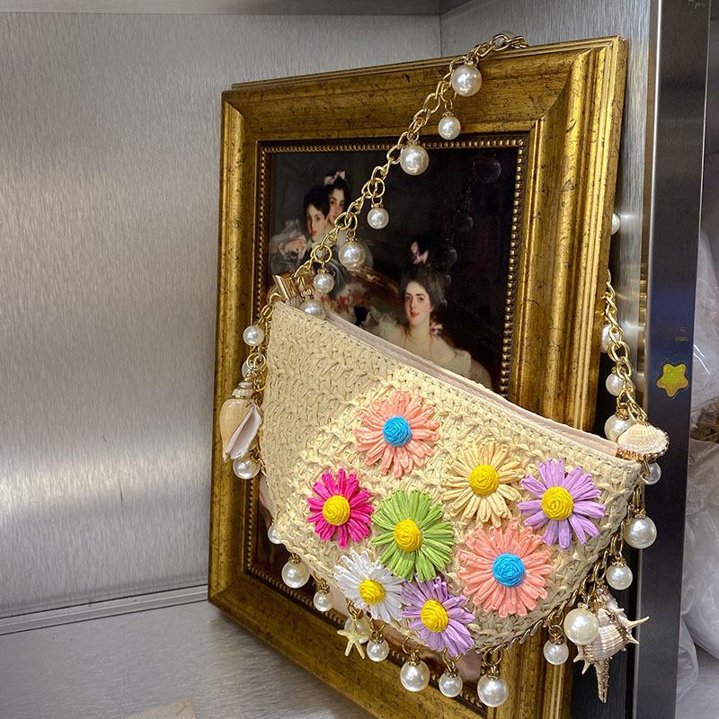 Spring and Summer Seaside Beach Vacation Straw Bag Niche Hand-woven Flower Pearl Shoulder Messenger Bag