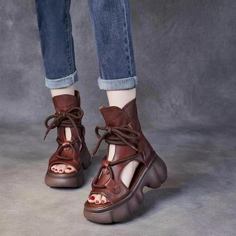 Fashion 2024 New High Quality Women Sandals Handmade Retro Wedges Heel Sandals Ladies Summer Back Zipper Platform Roman Cool Boots