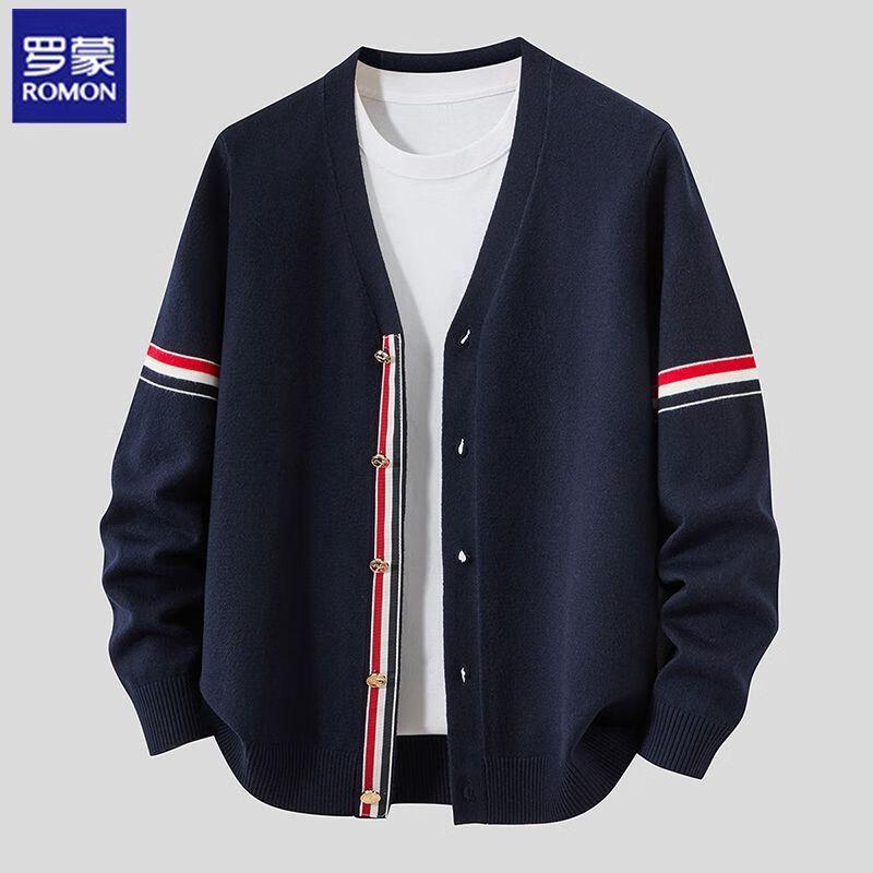 Luomeng Men's V-Neck Color-Block Knit Cardigan