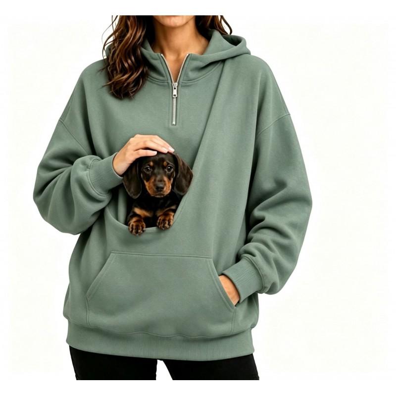 Womens Half-Zip Hooded Sweatshirt With Pet Pocket Loose Fit Fall Winter Top Small Dogs