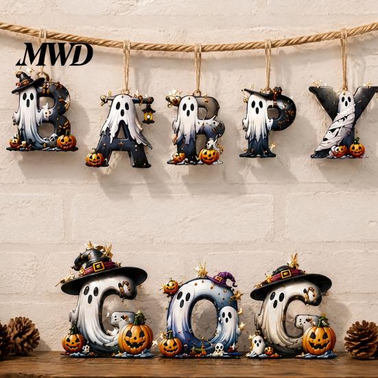 Creative Photo Prop Wall Decorations Halloween Letter Ornament, Spooky Hanging Wooden Alphabet Letters Pendant with Ghost Holiday Scenery for