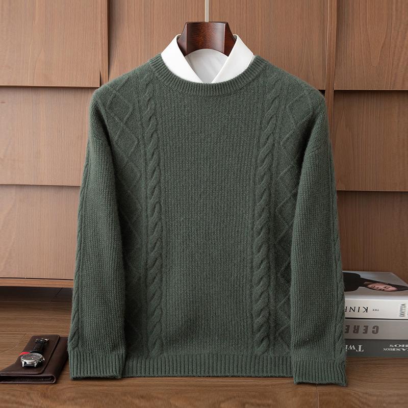 Men's Jacquard Knit Cashmere Sweater, Round Neck, Thickened for Autumn and Winter, Solid Color, Versatile Base Layer.