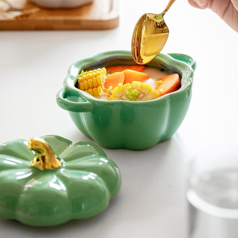 Ceramic Bowl with Lid, Pumpkin Cup, Steamed Egg Salad Bowl, Stew Cup, Children's Soup Bowl, Rice Bowl, Household Kitchen