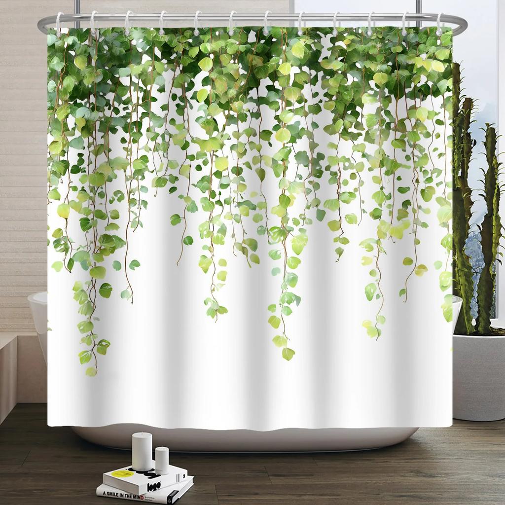Green Eucalyptus Shower Curtain Watercolor Plant Leaves Bathroom Decoration Waterproof White Fabric Bath Curtain With 12 Hooks