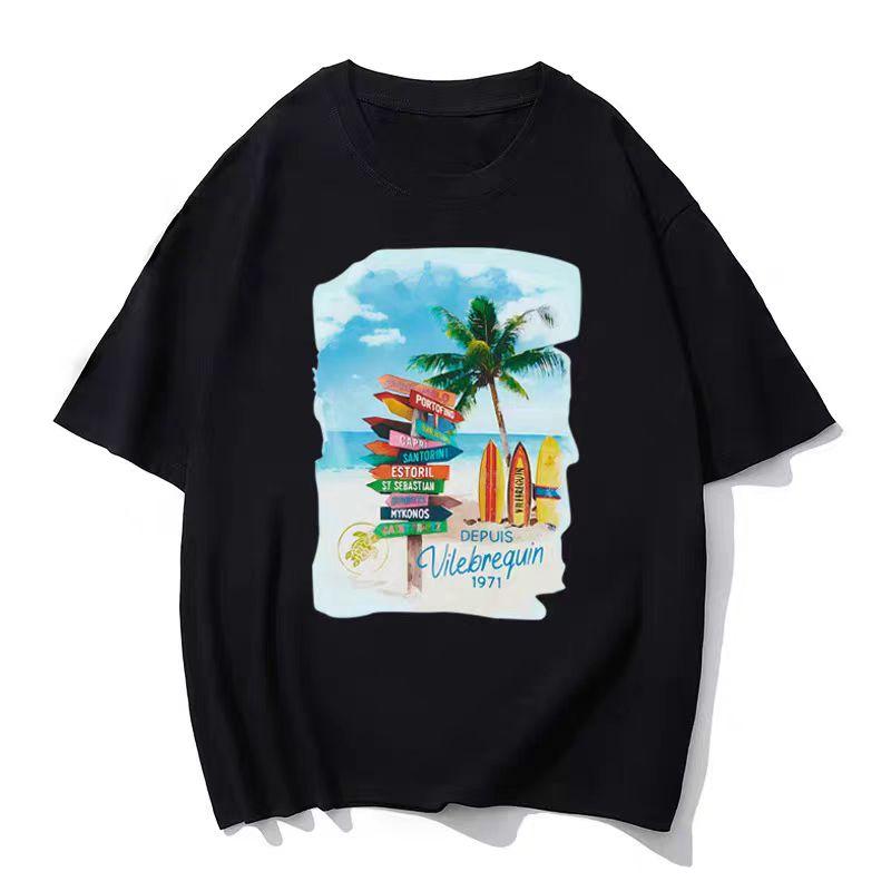 Francuski Żółw Morski Vilebrequin Koszulka z Krótkim Rękawem Męska Marka Modowa z Nadrukiem Okrągły Dekolt Para