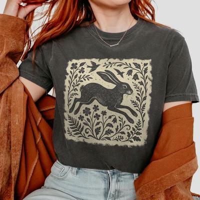 Vintage Wild Hare Linoprint Shirt Witchy Folk Art Forest Animal Naturecore Tee Dark Academia Unisex Y2K Casual Shirt Streetwear