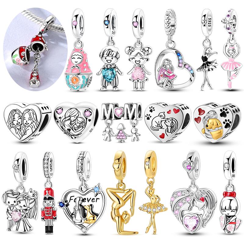925 Silver Mother's Love Girl Boy Charms Beads Pendants Fit S925 Bracelet Necklace DIY Women Fine Jewelry Gift