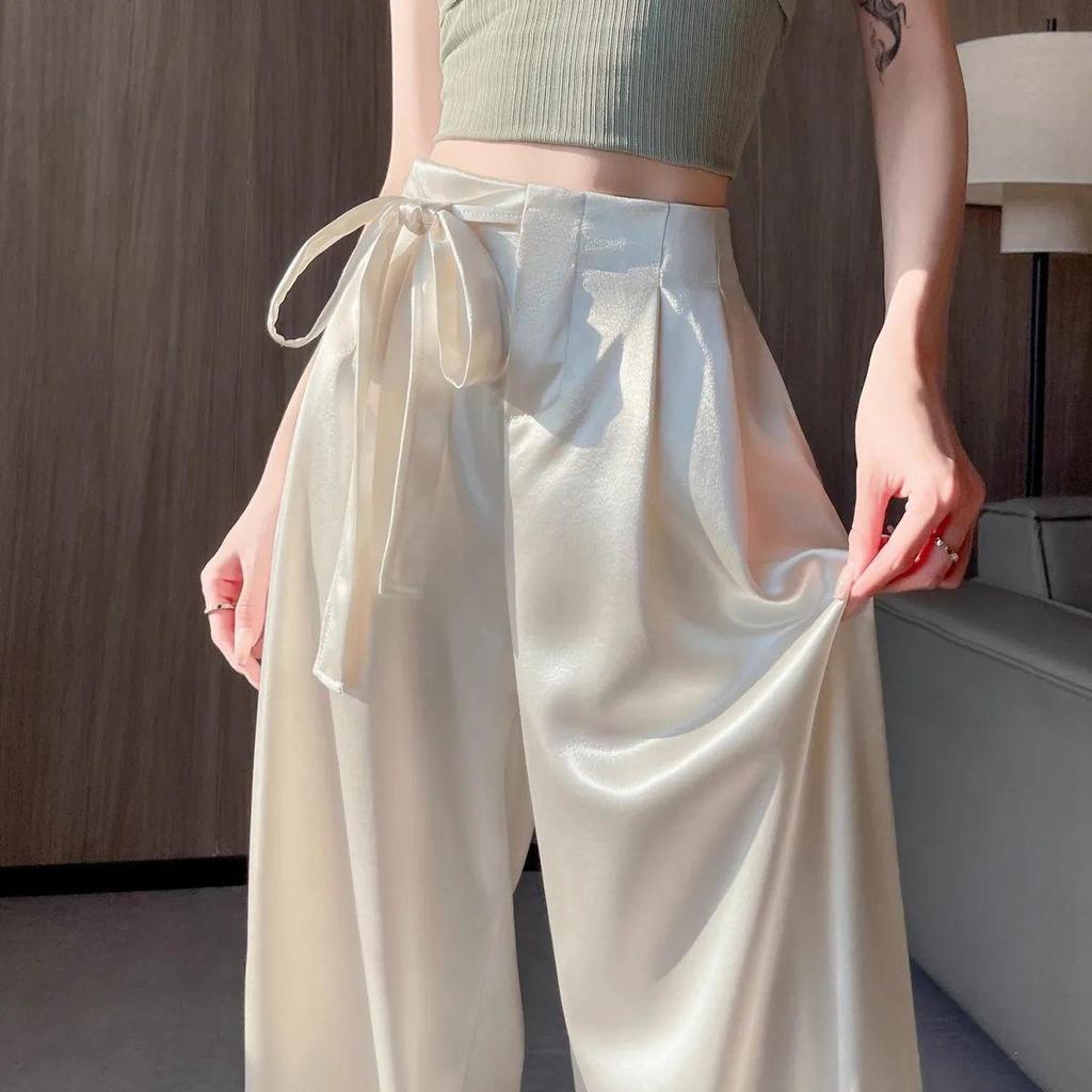 Women's Summer Acetate Satin Wide-Leg High-Waisted Pants with Tie-Up and Drape Design