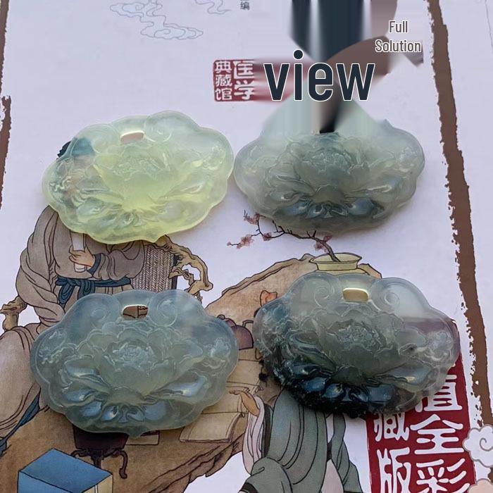 Retro Xiuyan Jade Peony Flower Pendant - Lock Shape Accessory for Blooming Wealth